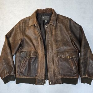 Vintage Mens Eddie Bauer Distressed Brown Leather Bomber Jacket Large Tall